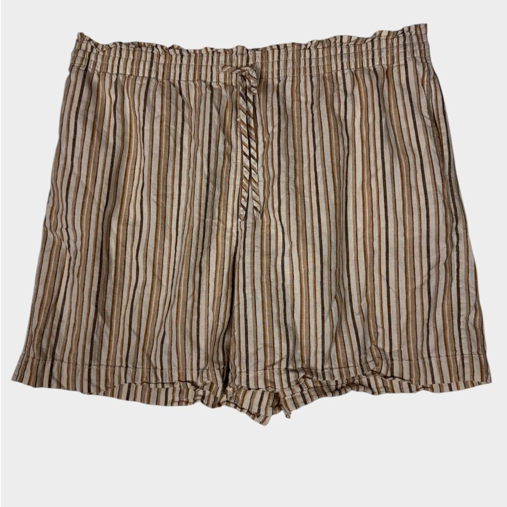 Terra & Sky Linen Blend 2X 20W - 22W Brown Cream Striped Pull On Shorts Pockets